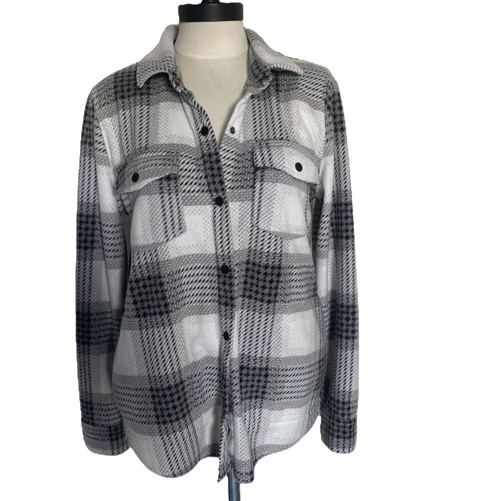 EUC O'NEILL Black/White/Gray Plaid Fleece Snap Front Shacket sz M